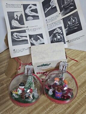 Vtg Christie Christmas Diorama Snow Globe Ornaments 2pc Set w/ Box Raggedy Style